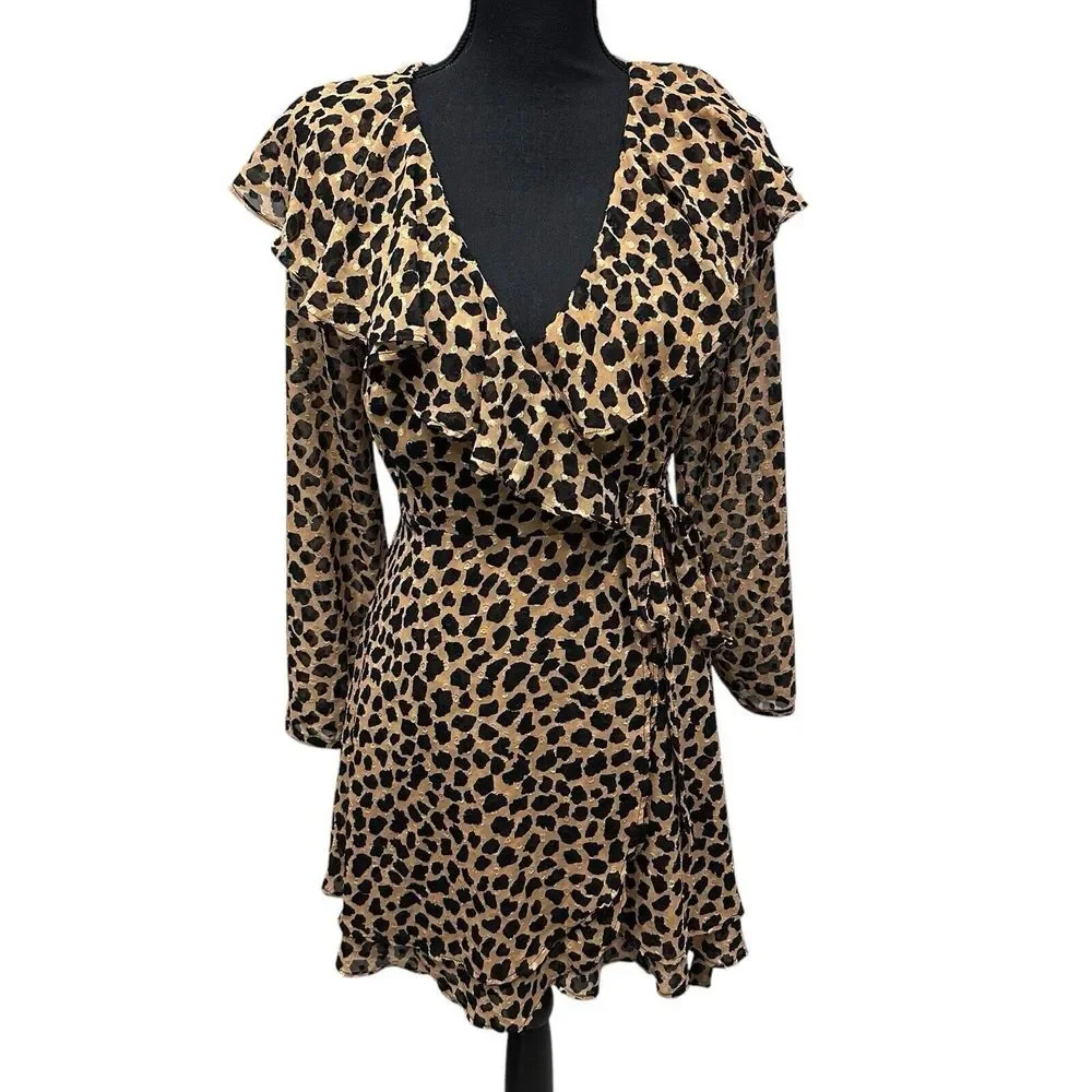 Free People Frenchie Leopard‎ Print Wrap Mini Dress  XS Long Sleeves Ruffle NWT